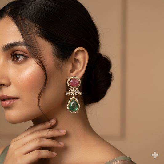 Noor Drops Earrings – Green & Pink Stone Artificial Drop Earrings | Noor by Ornista