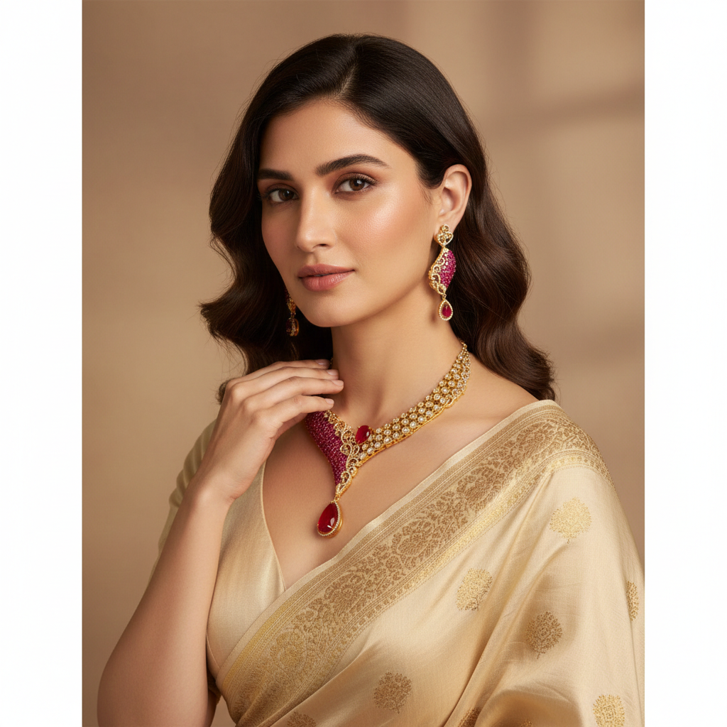 Mehr Necklace – Gold-Plated Pink & White Stone Artificial Necklace Set for Bridal & Wedding Wear