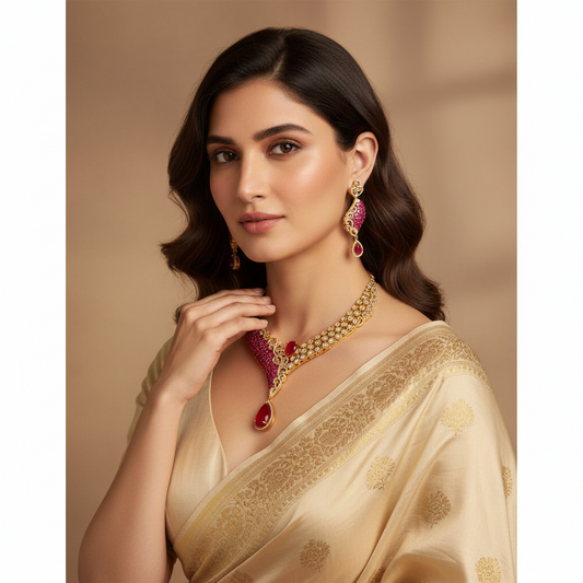 Mehr Necklace – Gold-Plated Pink & White Stone Artificial Necklace Set for Bridal & Wedding Wear