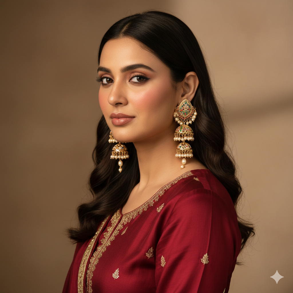 Kudi Panjaban Jhumka – Multicolour Kundan Artificial Bridal Jhumka | Noor by Ornista