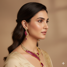 Mehr Necklace – Gold-Plated Pink & White Stone Artificial Necklace Set for Bridal & Wedding Wear