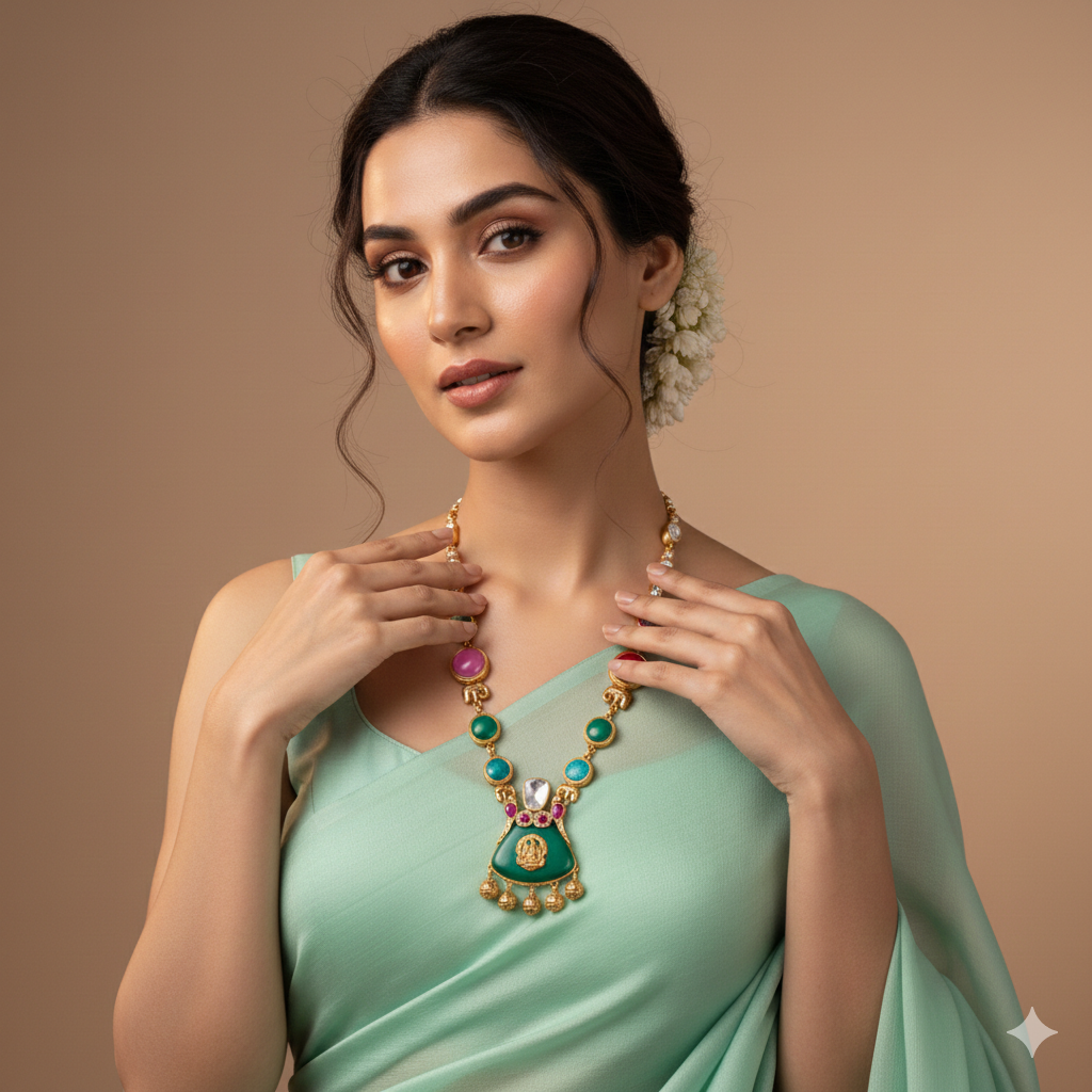 Kaya Long Necklace – Multicolour Temple Style Artificial Long Necklace for Festive & Traditional Wear